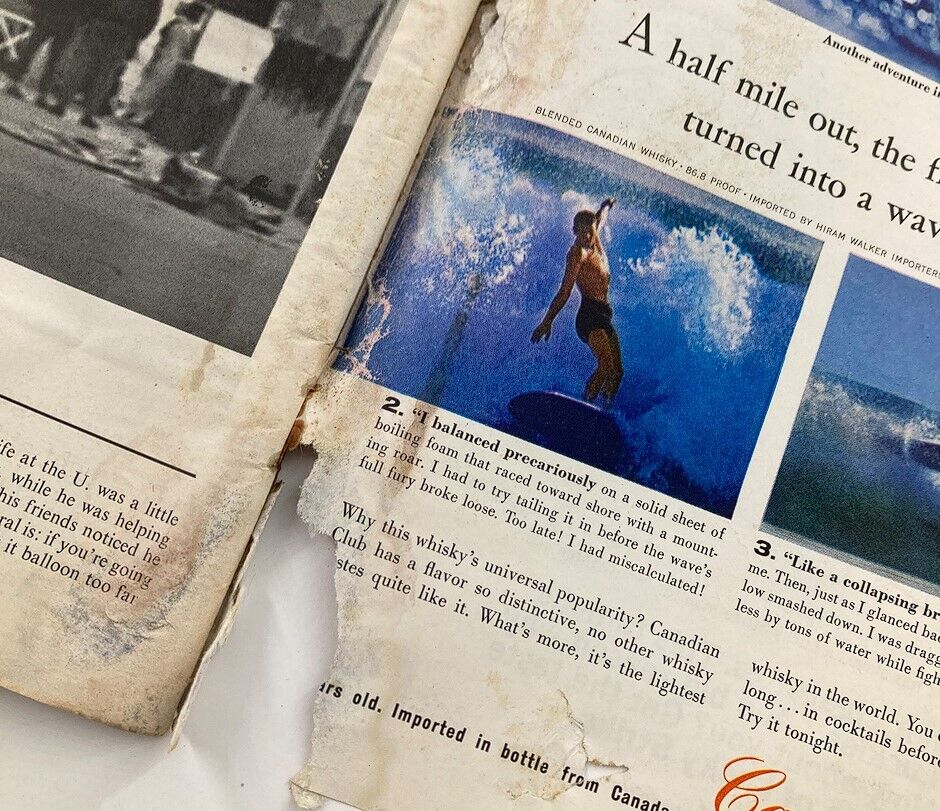 Inside page of VTG Life Magazine June 22 1962 featuring a surfing photograph and an article snippet, showing the magazine's nostalgic content.