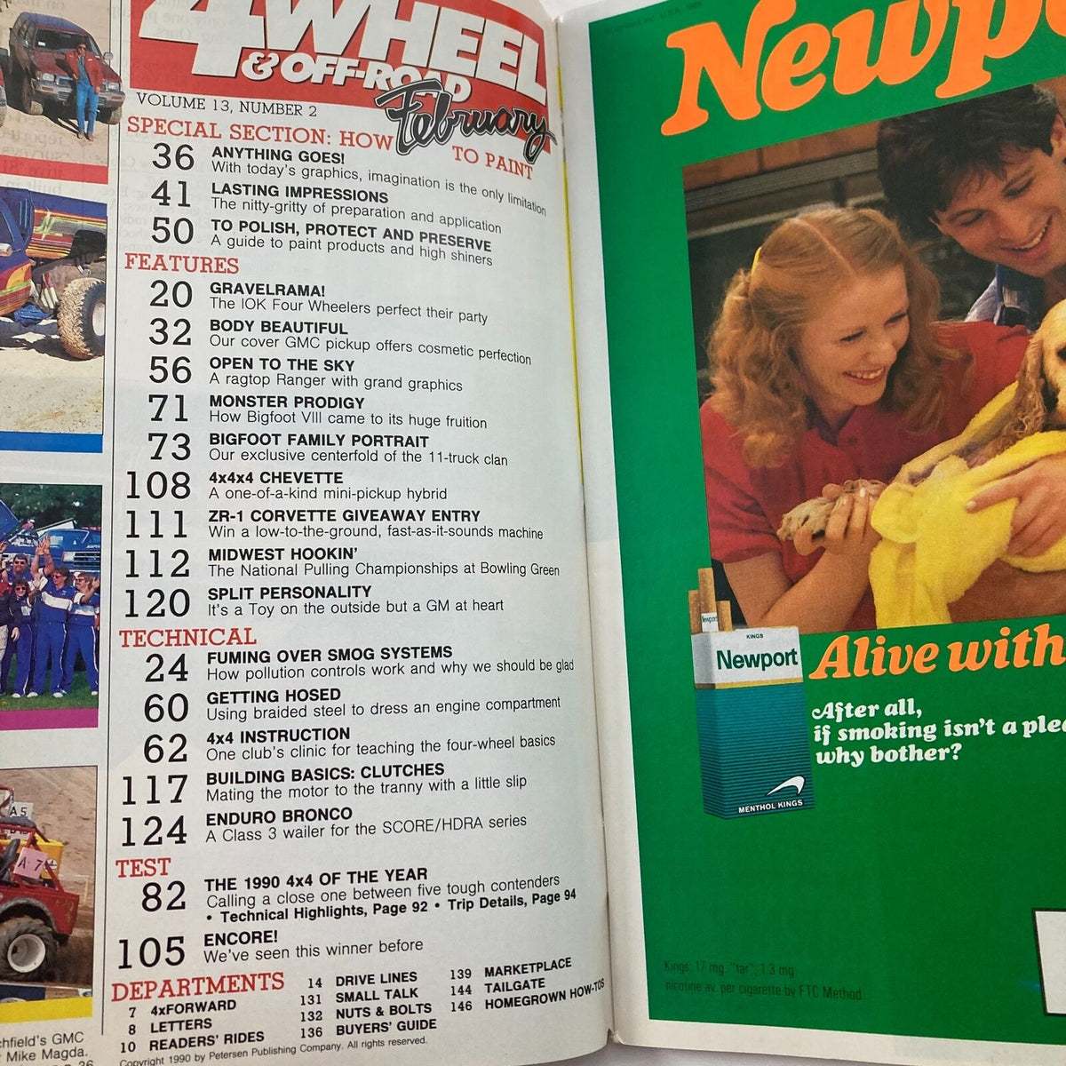 Contents page of Petersen's 4 Wheel & Off-Road Magazine February 1990 featuring topics like Bigfoot, off-road vehicles, and technical tips for automotive enthusiasts.