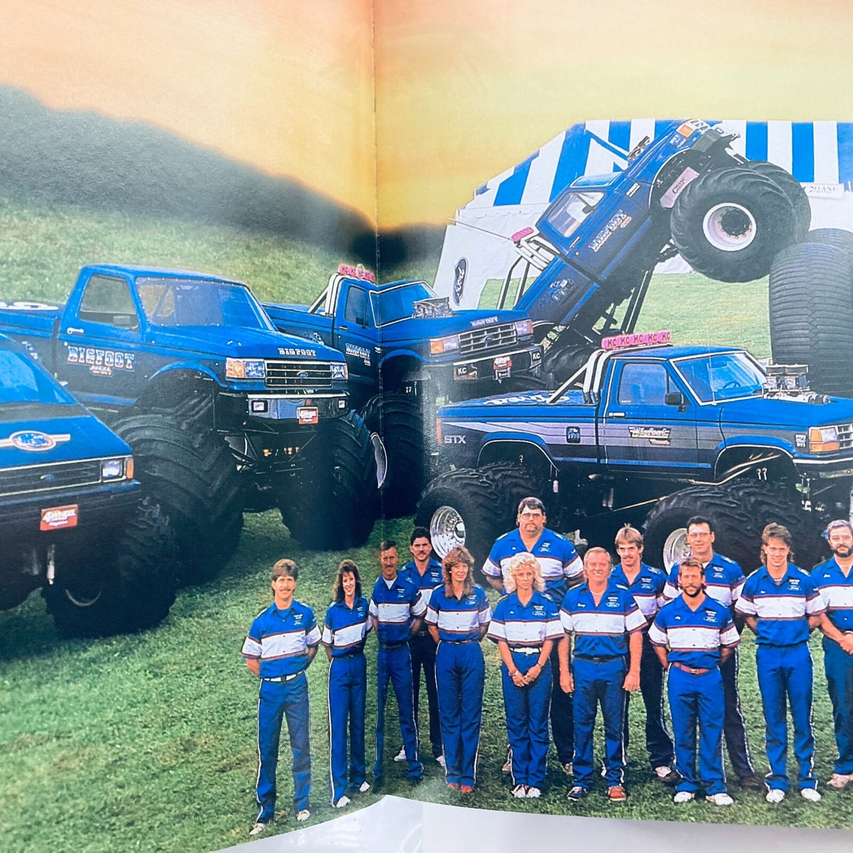 Photo showcasing the Bigfoot monster truck with its crew featured in Petersen's 4 Wheel & Off-Road Magazine February 1990 highlighting off-road culture.