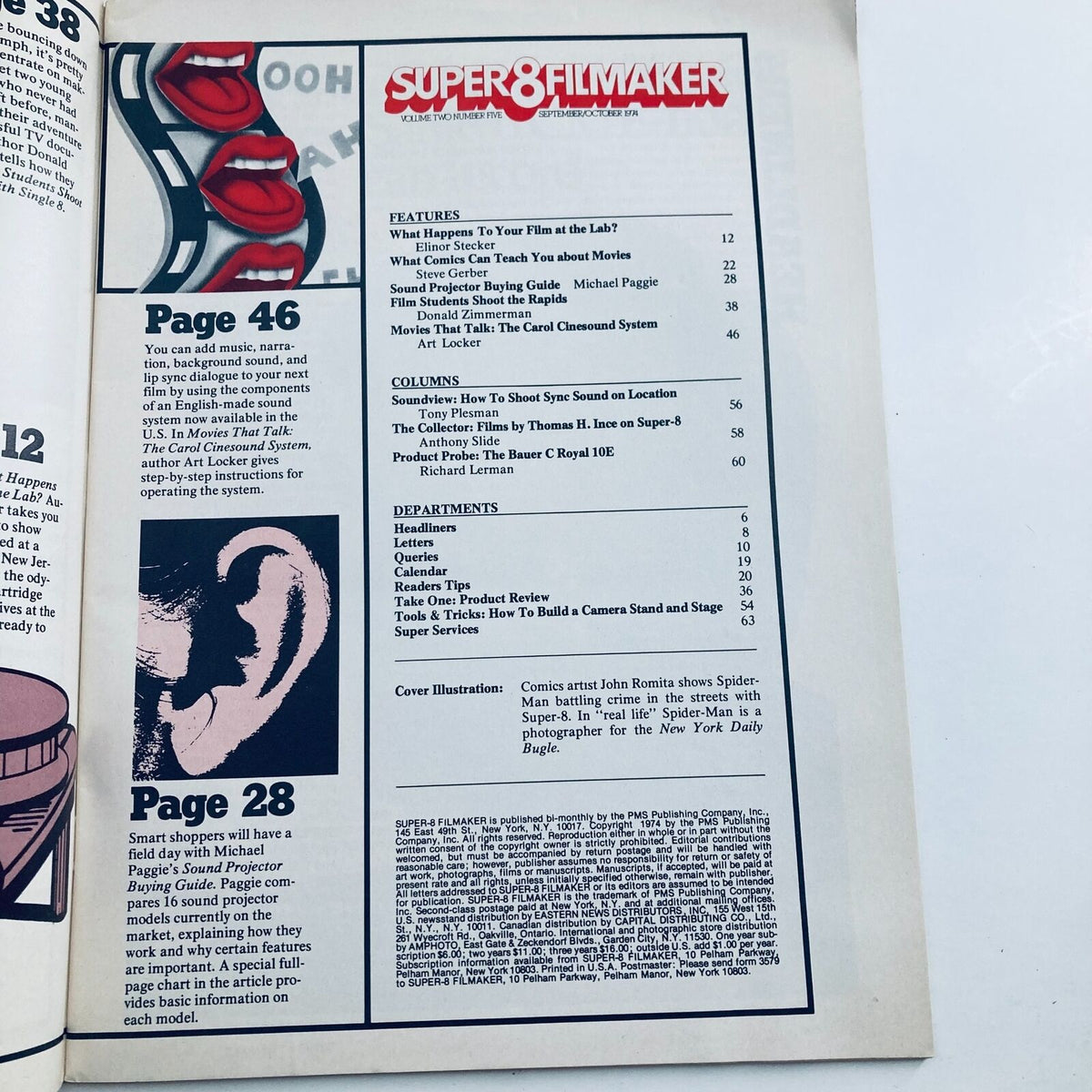 Table of contents page from VTG Super-8 Filmaker Magazine September 1974 featuring articles on sound systems and filmmaking techniques, showcasing Spider-Man as the cover illustration.
