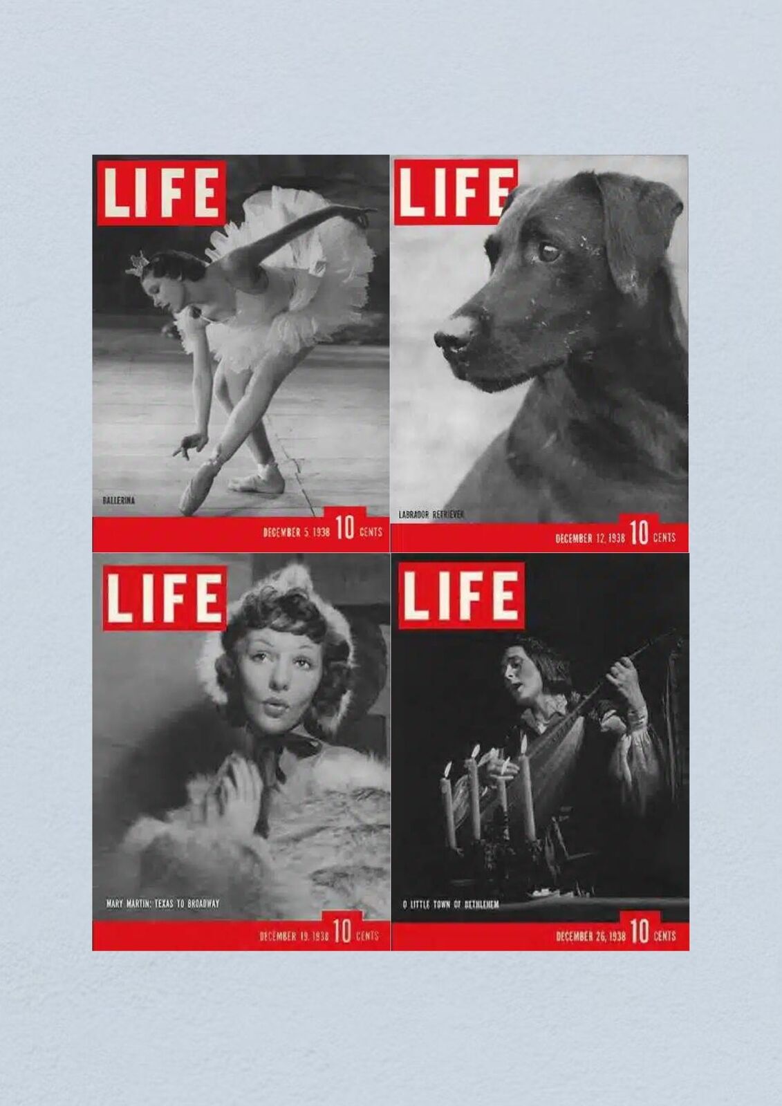 Life Magazine Lot of 4 Full Month of December 1938 featuring covers: December 5 with Ballerina, December 12 with Labrador Retriever, December 19 with Mary Martin, and December 26 highlighting O Little Town of Bethlehem.