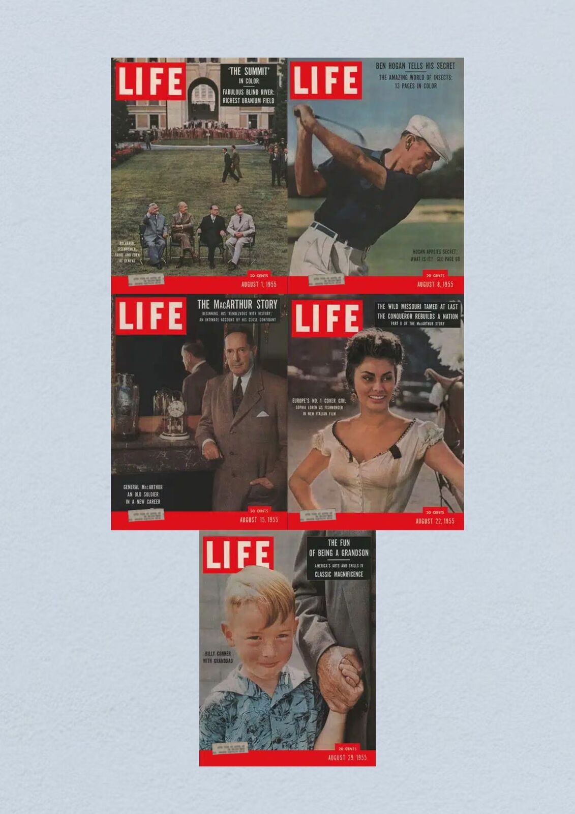 Life Magazine Lot of 5 Full Month August 1955 Cover - August 29 issue featuring a touching moment between a young boy and his grandfather.
