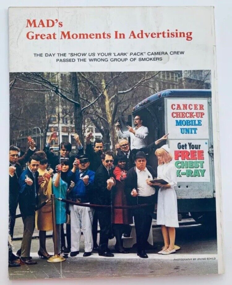 Cover of Mad Super Special Magazine No. 4 1971 featuring Mad's Great Moments In Advertising, depicting a humorous scene with a camera crew and a group of smokers, emphasizing the magazine's comedic style and cultural commentary from the early 1970s.