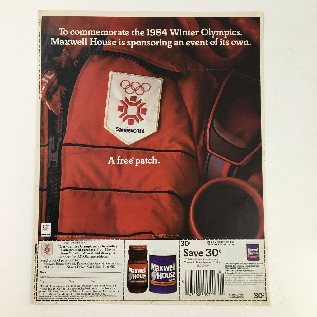 1984 Maxwell House Coffee Advertisement displaying a backpack with Olympic patches, promoting a coupon for a free patch in celebration of the Sarajevo Winter Olympics.