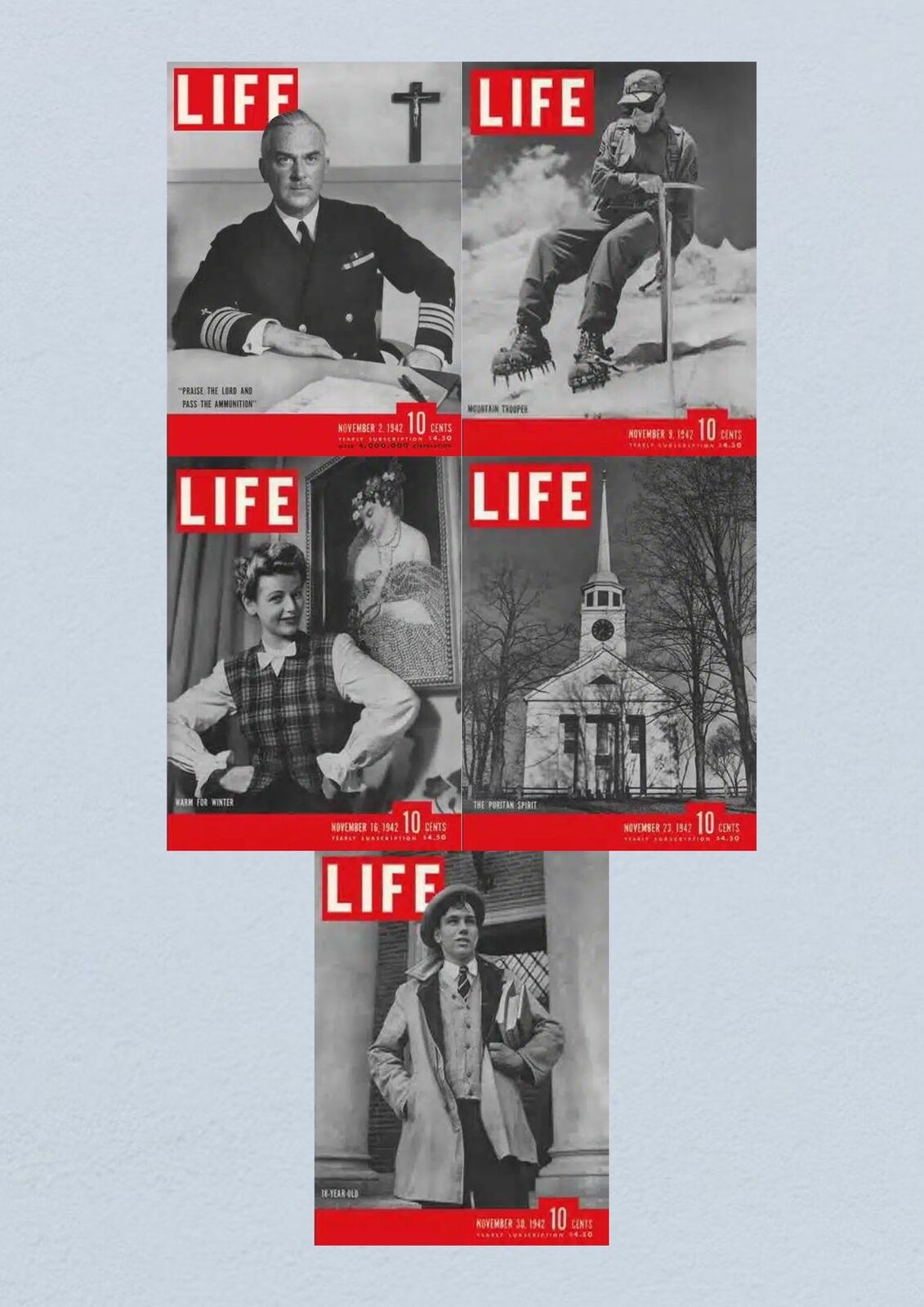 Life Magazine cover for November 30, 1942 displaying a young man in vintage clothing, part of a lot of 5 full issues from November 1942 portraying historical wartime narratives.