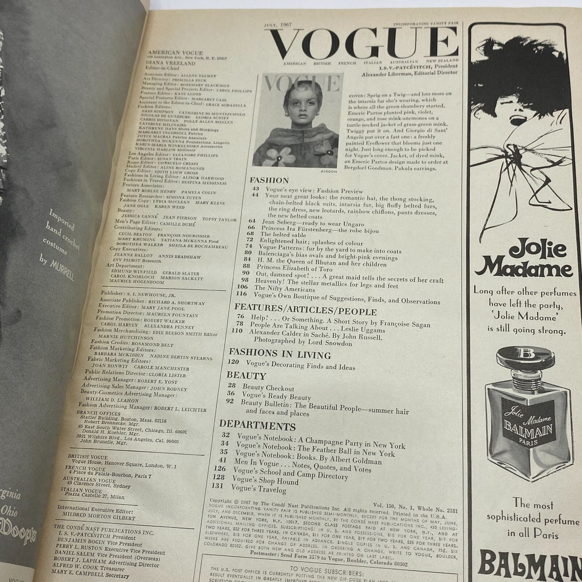Inside page of VTG Vogue Magazine July 1967 featuring the table of contents, showcasing the iconic Twiggy cover image captured by Richard Avedon.