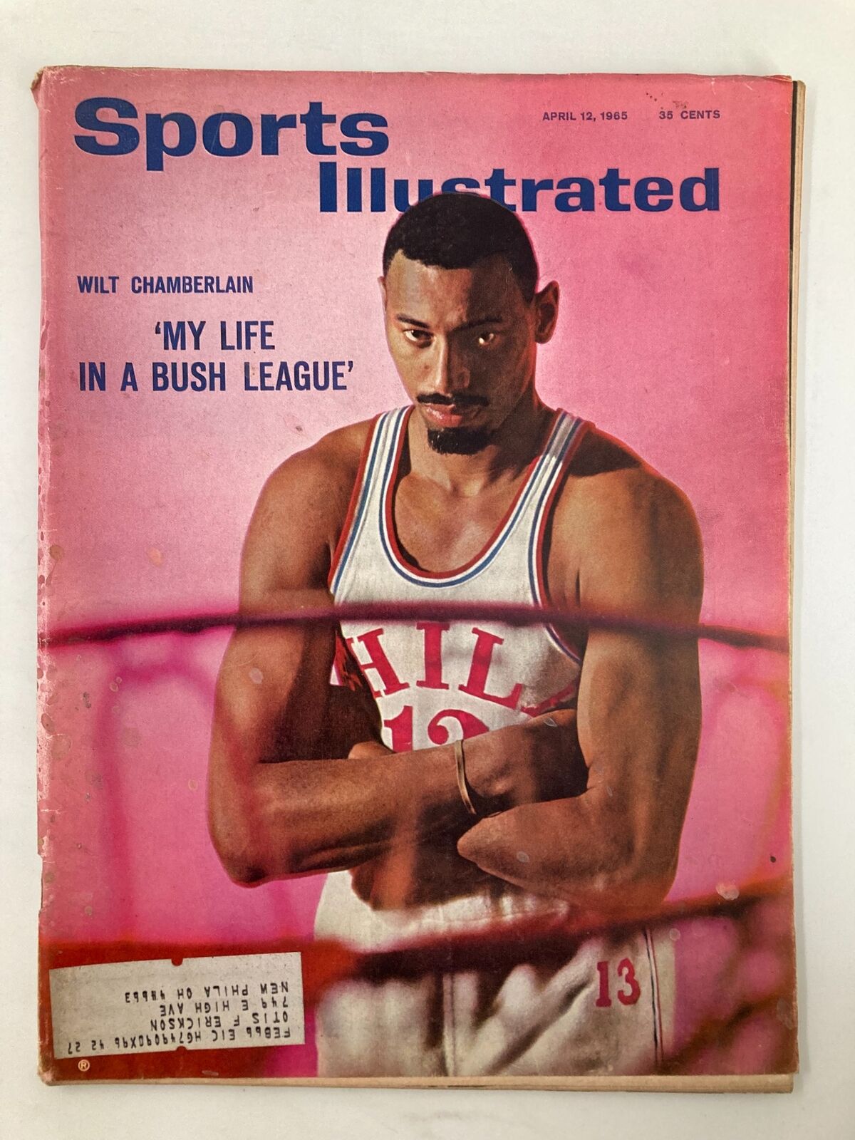 Vintage Sports Illustrated Magazine April 12 1965 featuring Wilt Chamberlain on the cover with the headline 'My Life in a Bush League', showcasing classic sports culture from the 1960s.