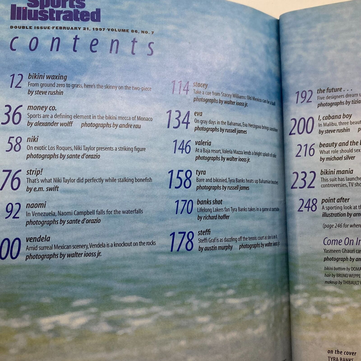 Contents page of Sports Illustrated Magazine February 21, 1997, Vol 86 No. 7 featuring articles including 'Bikini Waxing', 'Money Co.', and a cover story on Tyra Banks.