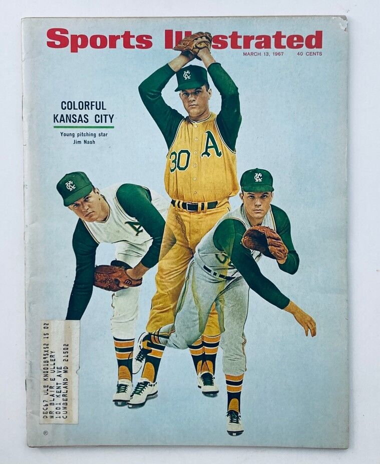 VTG Sports Illustrated Magazine March 13 1967 featuring a cover image of pitching star Jim Nash, showcasing an illustration of players in colorful Kansas City Athletics uniforms.