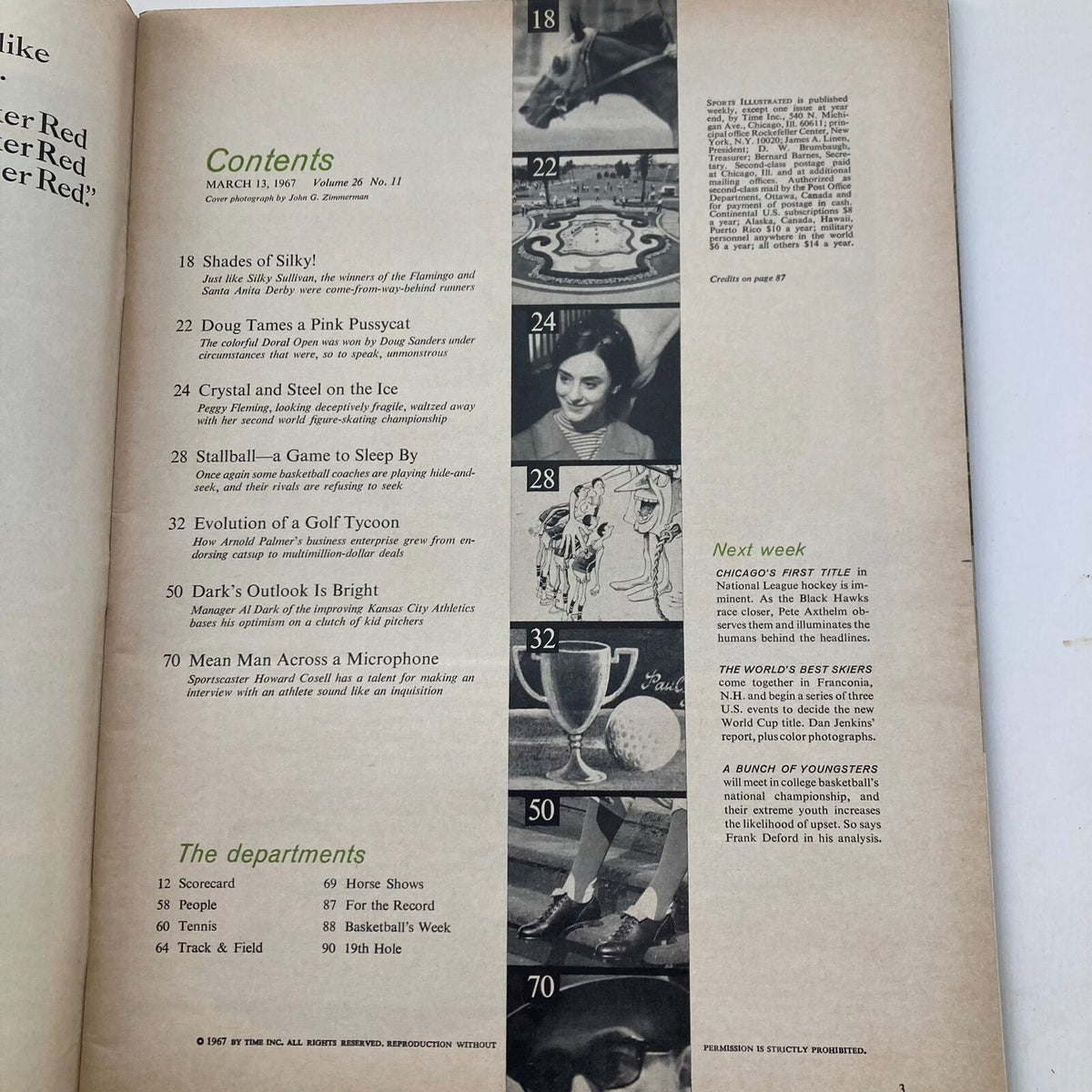 Contents page of the VTG Sports Illustrated Magazine March 13 1967, listing articles including those on Jim Nash and other sports-related topics.