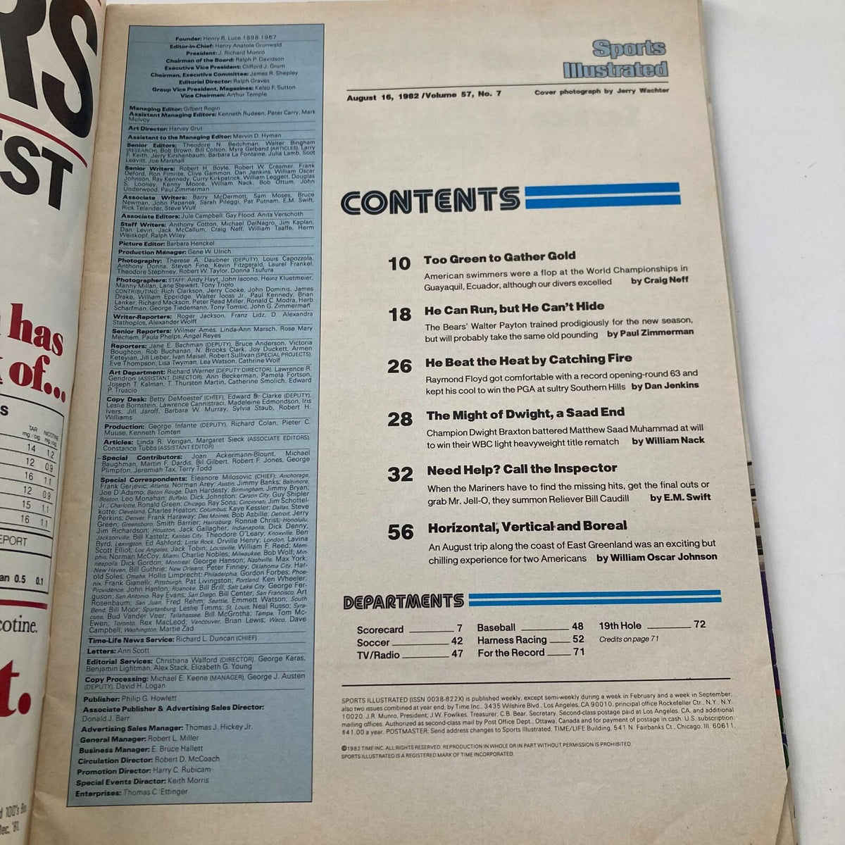 Contents page of Sports Illustrated Magazine August 16, 1982, Vol 57 No. 7 featuring articles related to American sports, including features on Walter Payton and prominent sporting events from that era.