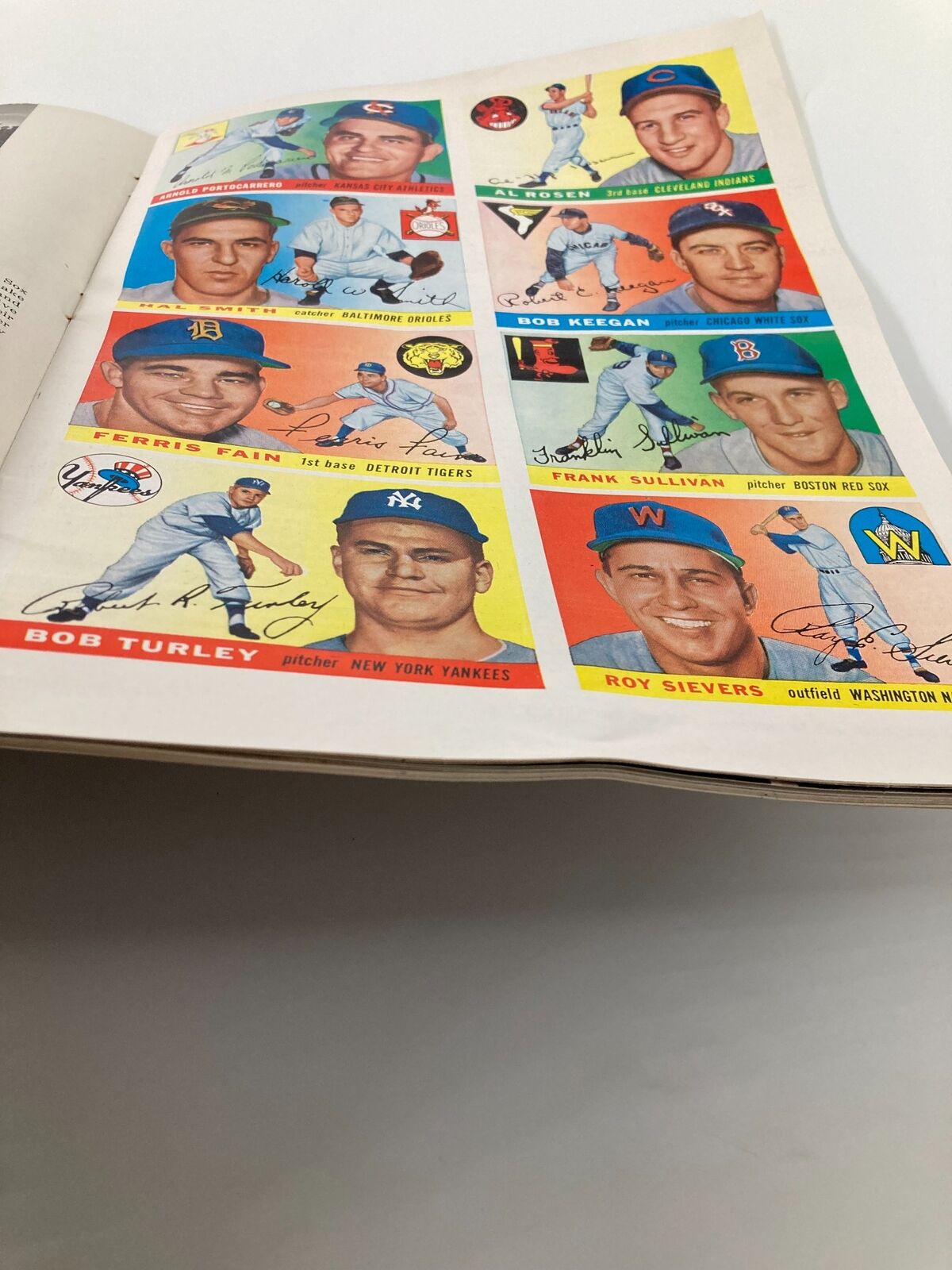 Another view of vintage baseball card page from VTG Sports Illustrated Magazine April 18 1955 featuring player signatures including Al Rosen.