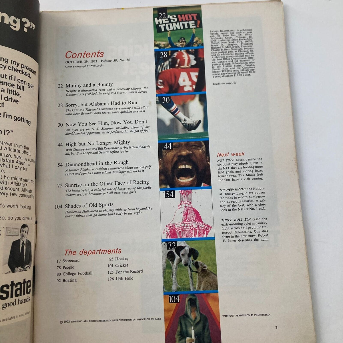 Contents page of VTG Sports Illustrated Magazine October 29, 1973, Volume 39, Number 18. Features articles on various sports, highlighting the NFL season and notable athletes, including O.J. Simpson.