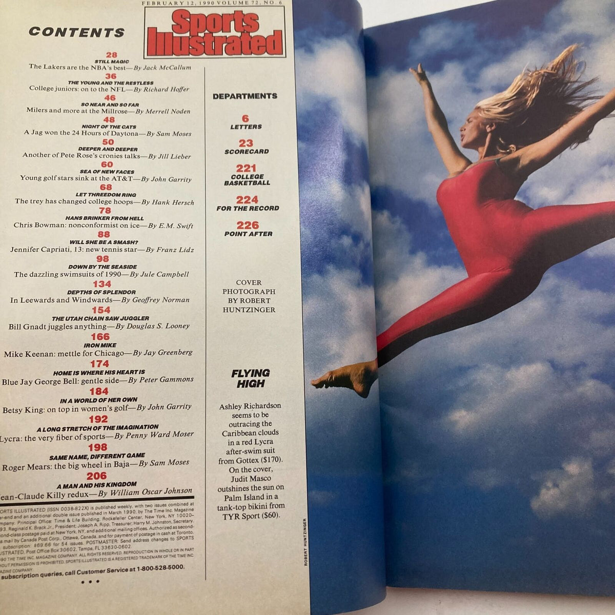 Contents page of the February 12, 1990, Sports Illustrated magazine, highlighting articles and features including a profile of Judit Masco, with vibrant photography and sports-related content.