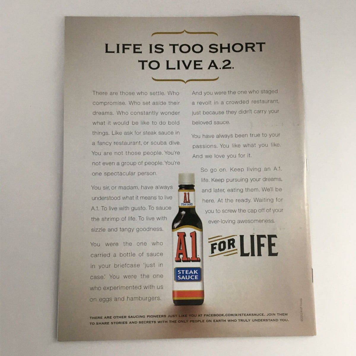 Back cover of Sports Illustrated Magazine July 1, 2013 with a promotional message about A1 steak sauce, emphasizing the theme of living life fully.