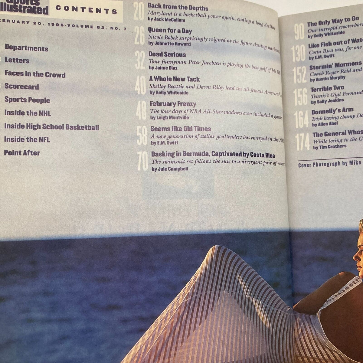 Contents page of Sports Illustrated Magazine February 20 1995 featuring articles including 'Basking in Bermuda, Captivated by Costa Rica' and 'Seems like Old Times'.