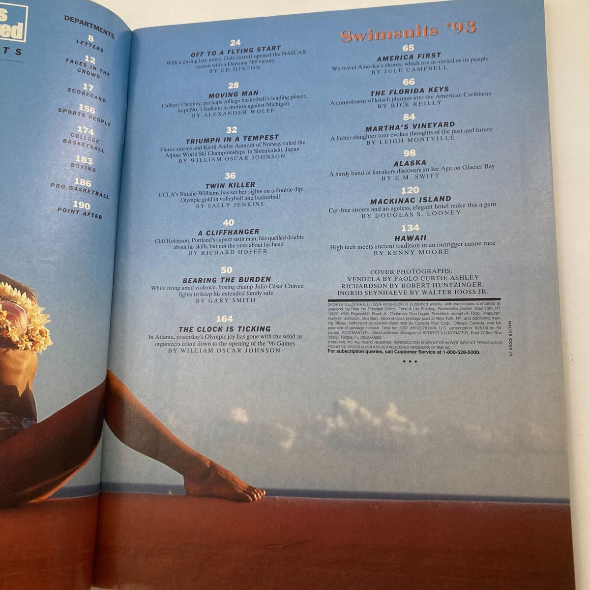 Inside page of Sports Illustrated Magazine February 22, 1993, displaying the table of contents with features on sports and culture, highlighting Vendela Maria Kirsebom.