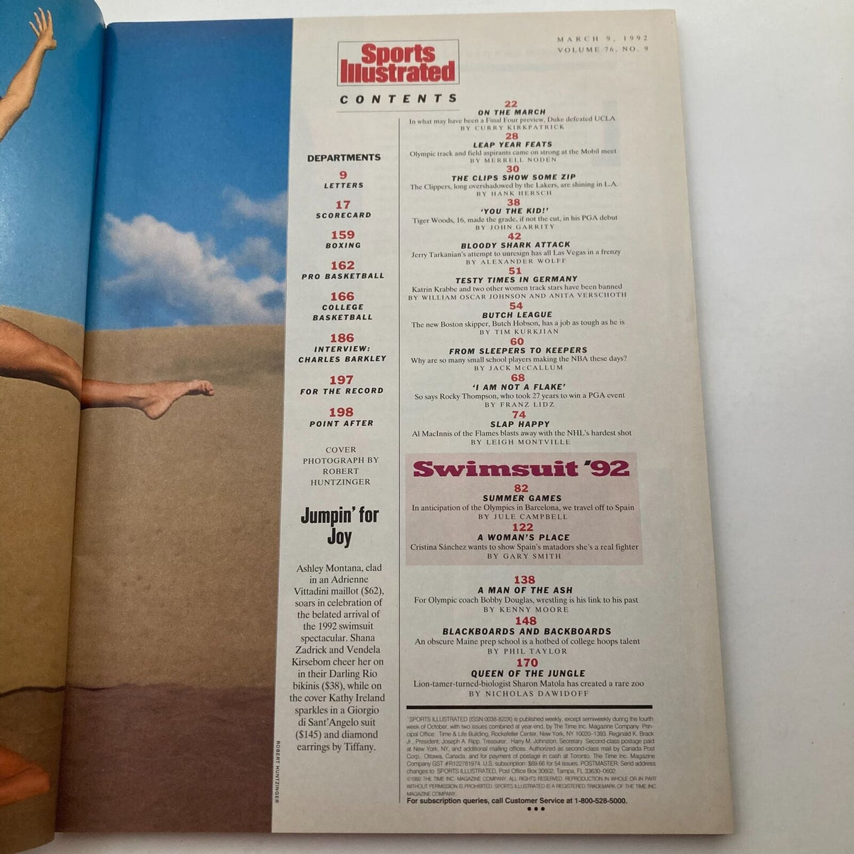 Table of contents from Sports Illustrated Magazine, March 9, 1992, Vol 76 No. 9, featuring articles on Swimsuit '92, sports highlights, and interviews, including a segment titled 'Jumpin' for Joy.'
