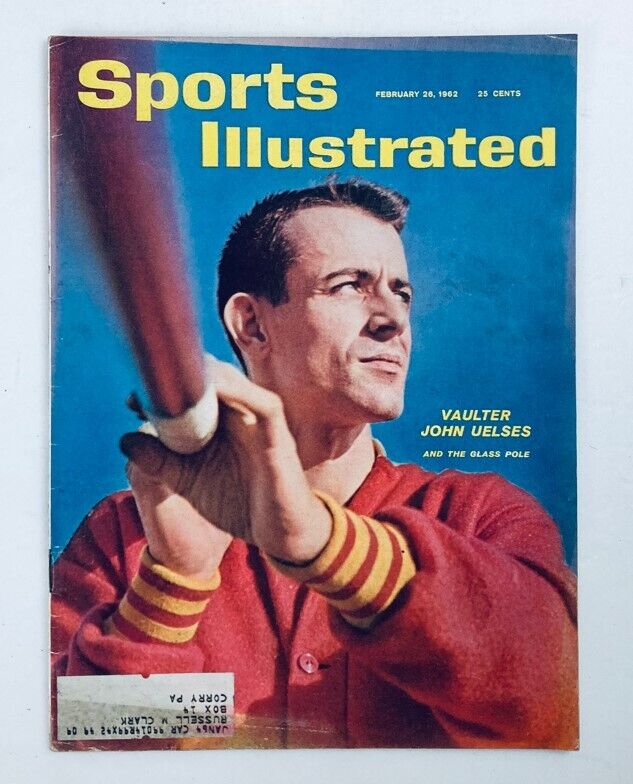 Cover of VTG Sports Illustrated Magazine from February 26, 1962, Vol 16 No. 8 featuring pole vaulter John Uelses, highlighting the excitement of early 1960s sports.