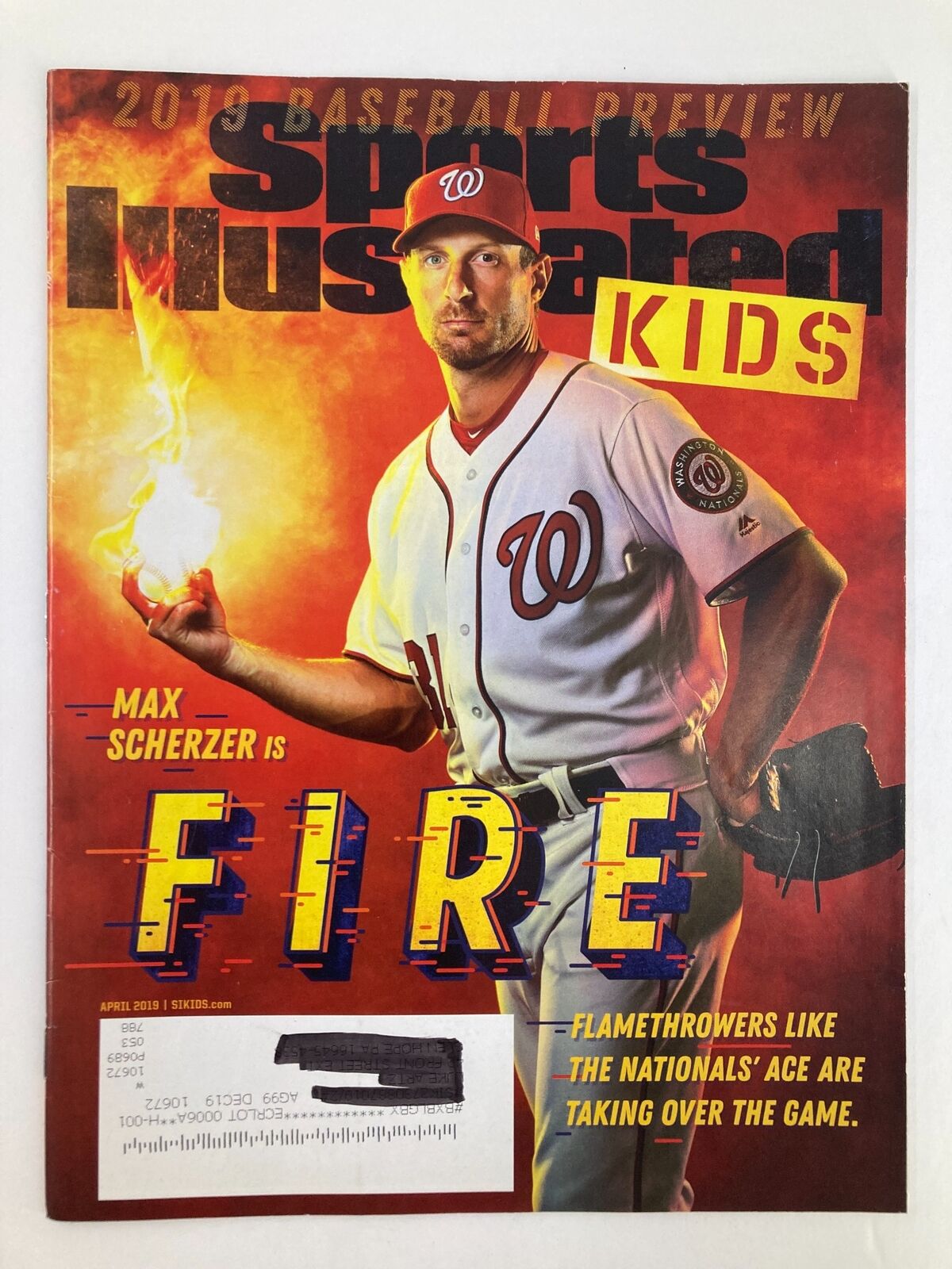 Sports Illustrated Kids Magazine April 2019 Vol 31 #3 featuring Max Scherzer on the cover with the headline 'MAX SCHERZER IS FIRE', showcasing baseball themes.