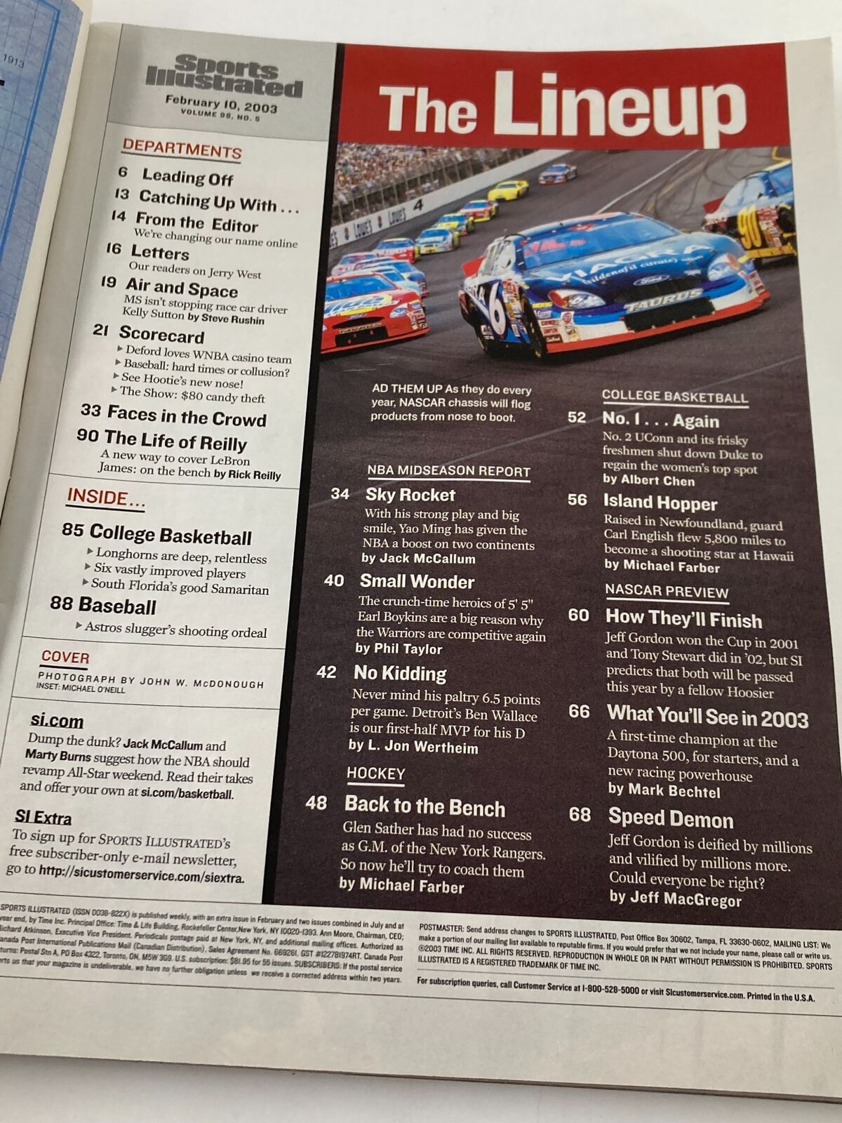 Interior page of Sports Illustrated Magazine from February 10, 2003 showcasing 'The Lineup' section with features on various sports topics.