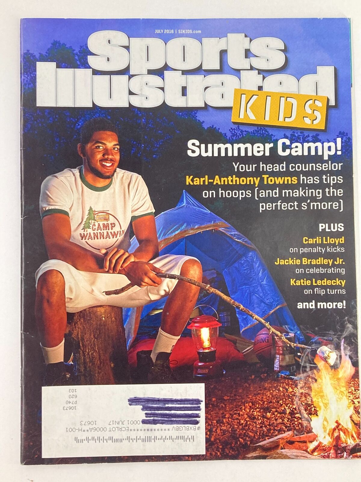 Cover of Sports Illustrated Kids Magazine July 2016, Volume 28, Issue 6, featuring NBA star Karl-Anthony Towns promoting a summer camp theme.