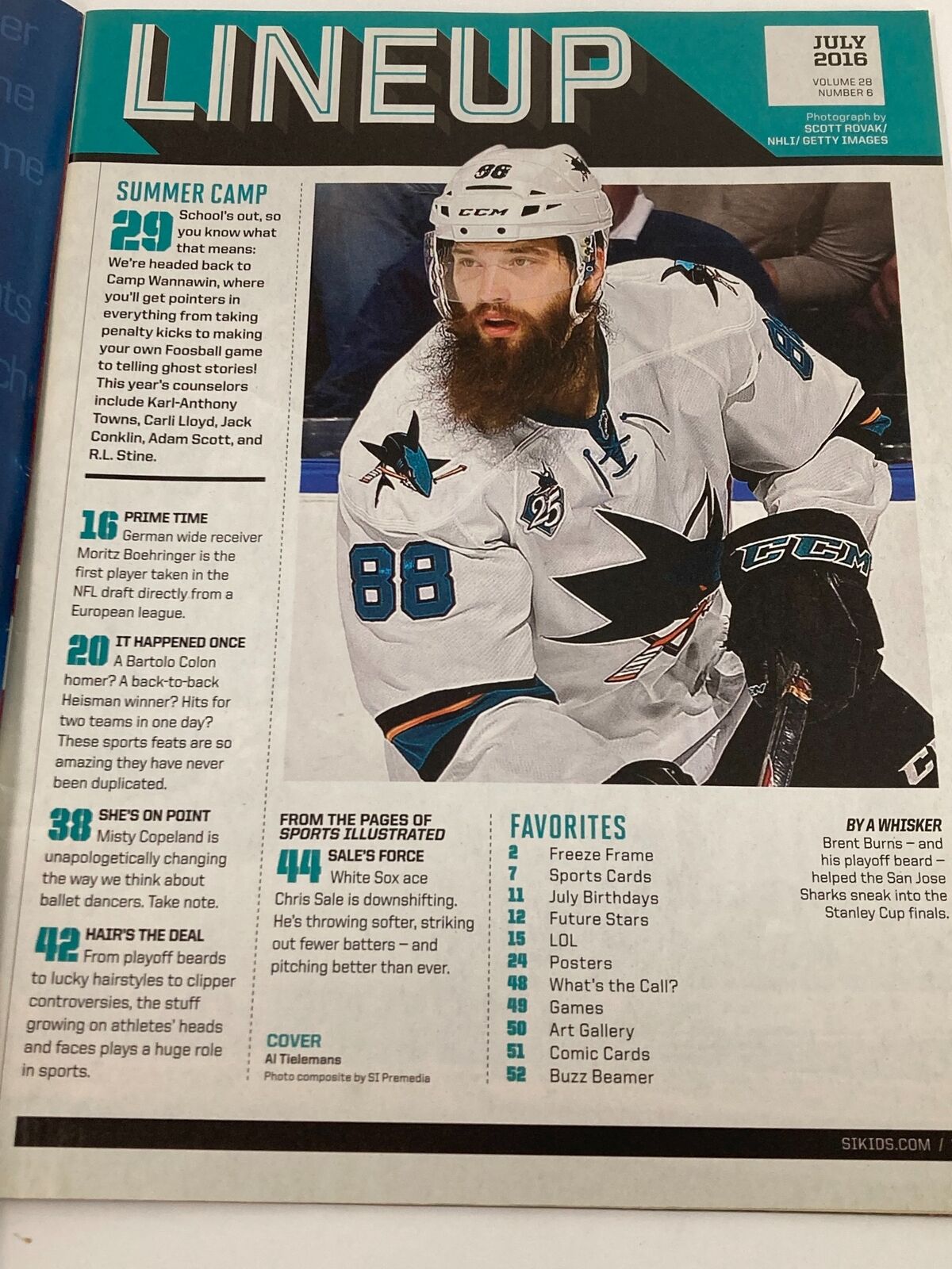 Page from Sports Illustrated Kids Magazine July 2016, Volume 28, Issue 6, showcasing the lineup and features including basketball and other sports highlights.
