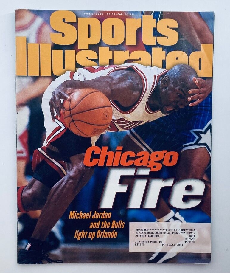 Sports Illustrated Magazine June 3 1996 cover featuring Michael Jordan of the Chicago Bulls in action. This iconic cover showcases Jordan's legendary status and athleticism, capturing a pivotal moment in NBA history.
