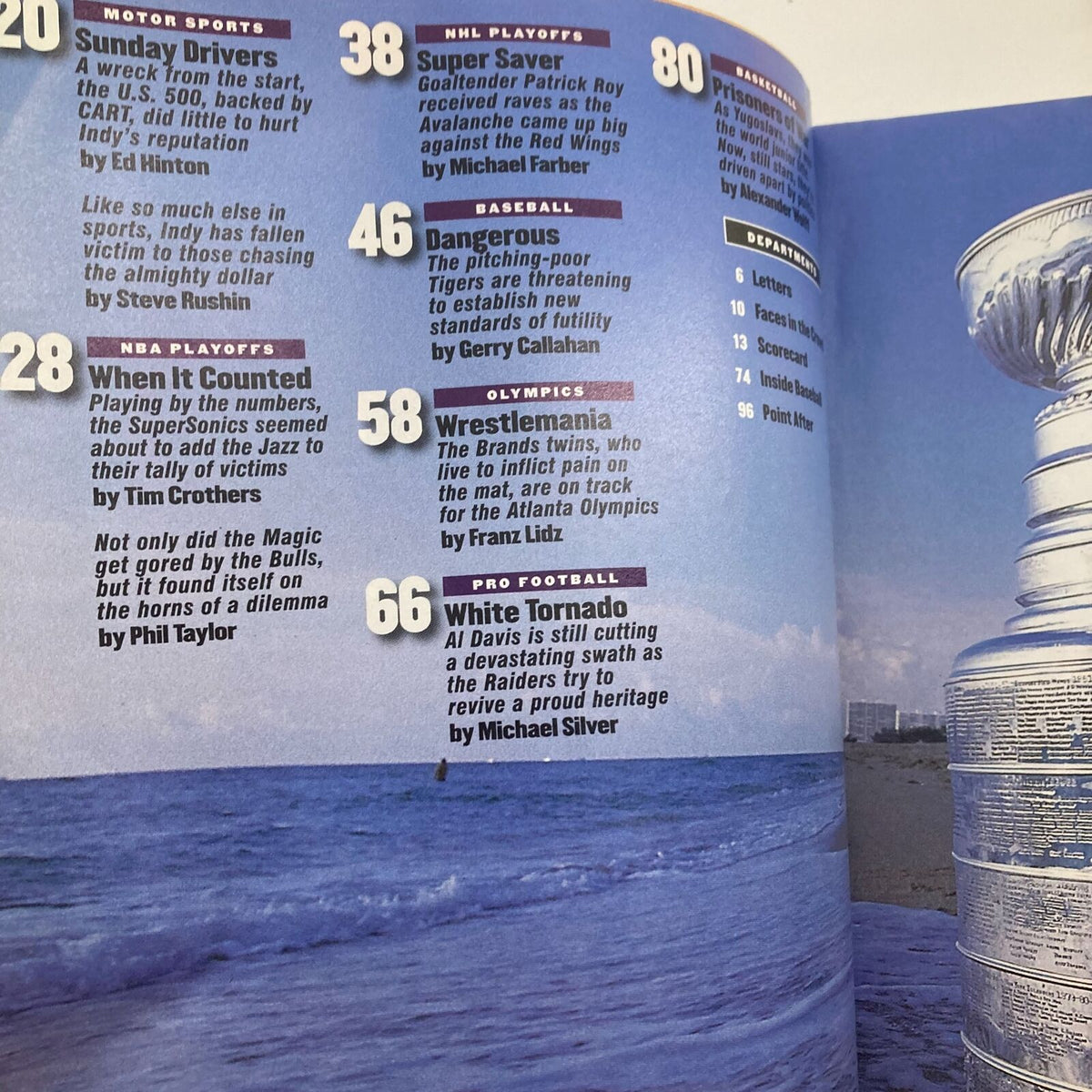 Inside page of the Sports Illustrated Magazine June 3 1996, displaying articles about NBA playoffs and other sports events. Provides insight into the media coverage of basketball and sports culture during the 1990s.