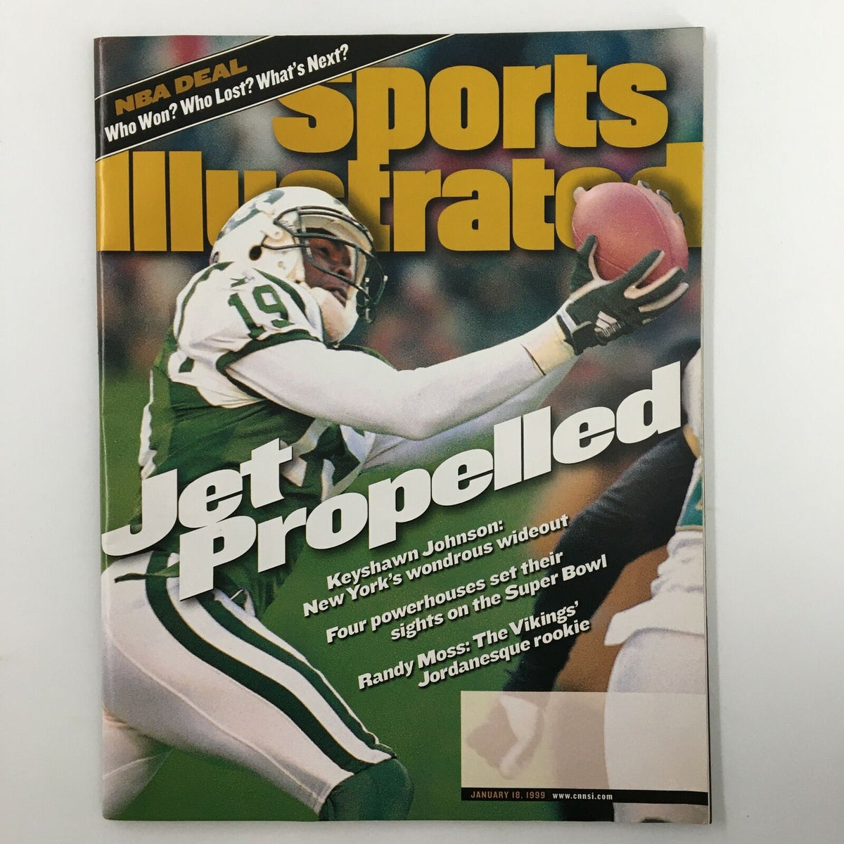 Sports Illustrated Magazine January 18, 1999 featuring Keyshawn Johnson on the cover, showcasing the headline 'Jet Propelled' alongside articles about NFL powerhouses and Randy Moss.