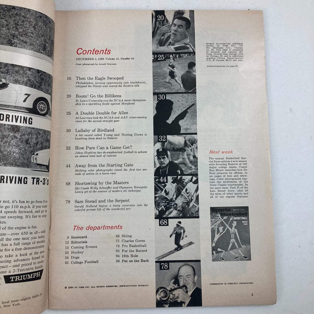 Contents page of the VTG Sports Illustrated Magazine December 15 1960, listing articles including features on Sam Snead and notable sports events from the era.