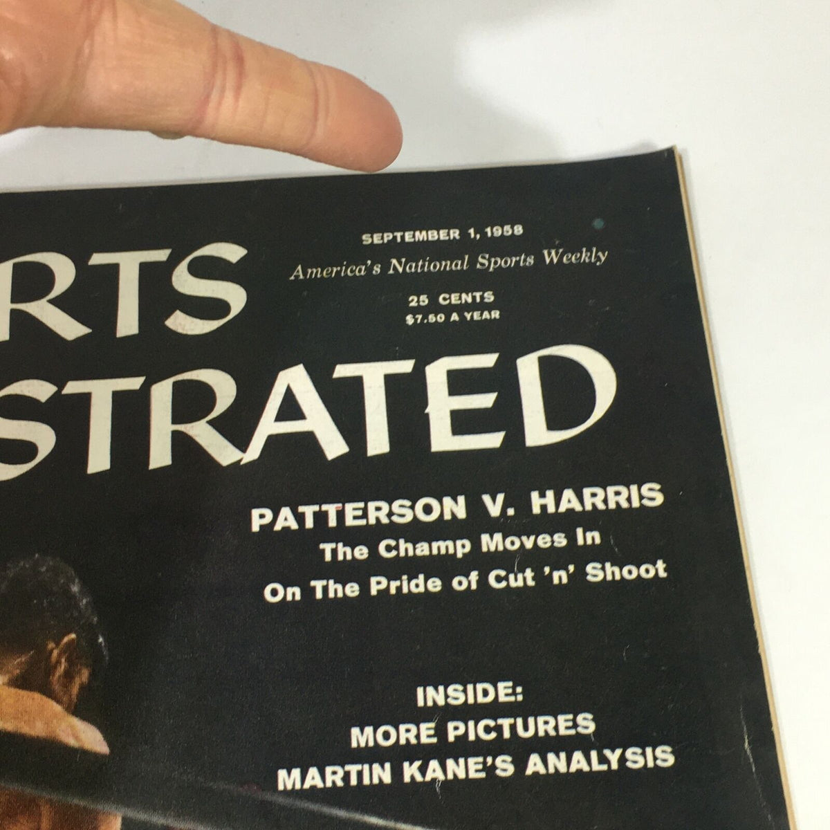 Cover of the Sports Illustrated Magazine dated September 1, 1958, highlighting Floyd Patterson vs Roy Harris, with details on price and publication date visible.