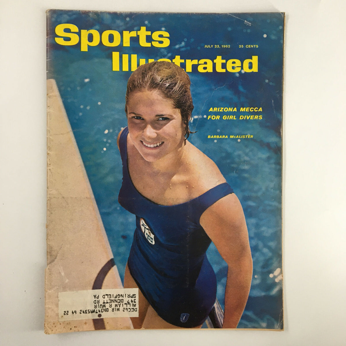 Vintage Sports Illustrated Magazine from July 23, 1962 featuring Olympic diver Barbara McAlister with the Arizona Divers. Captivating front cover showcasing 1960s sports culture.