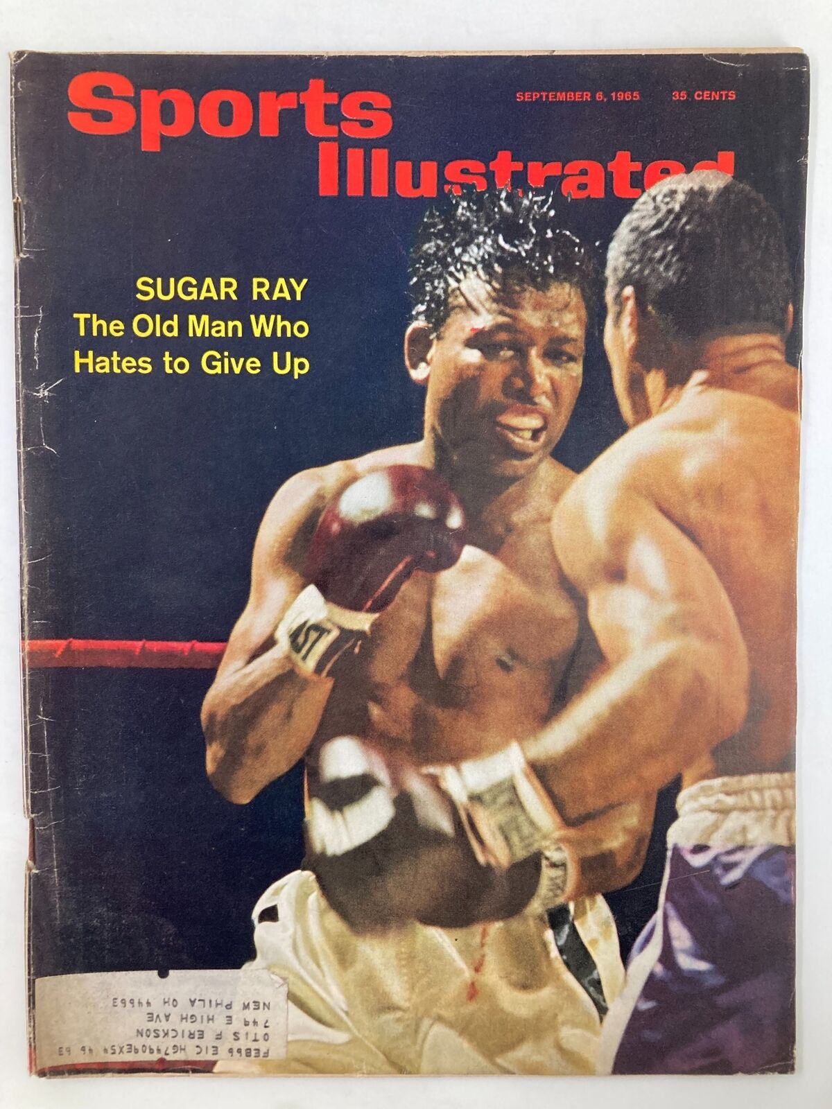 Cover of the vintage Sports Illustrated magazine from September 6, 1965 featuring Sugar Ray Robinson with the headline 'Sugar Ray: The Old Man Who Hates to Give Up' capturing the essence of boxing heritage.
