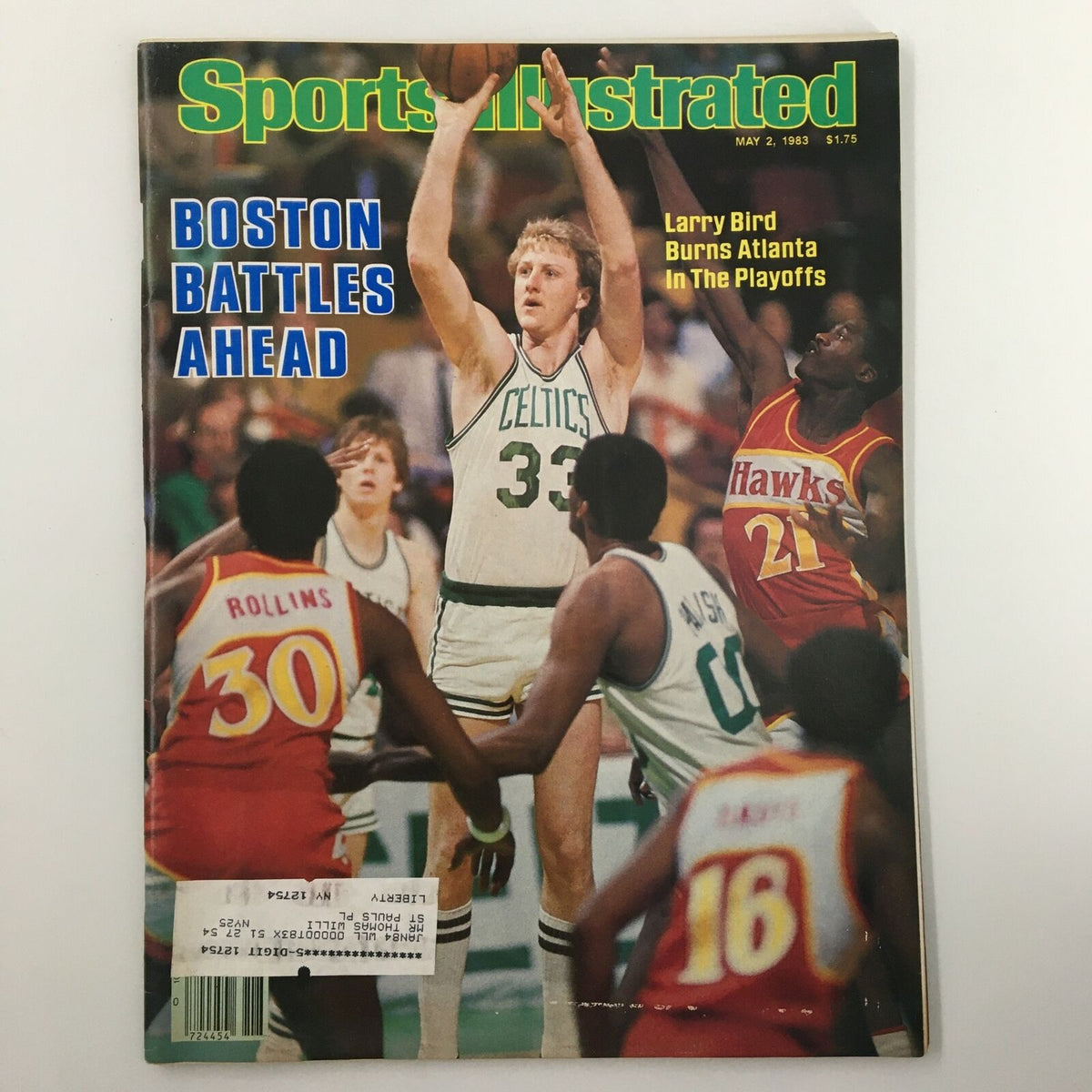 Cover of Sports Illustrated magazine from May 2, 1983, featuring Larry Bird of the Boston Celtics with the headline 'Boston Battles Ahead' highlighting basketball playoffs.