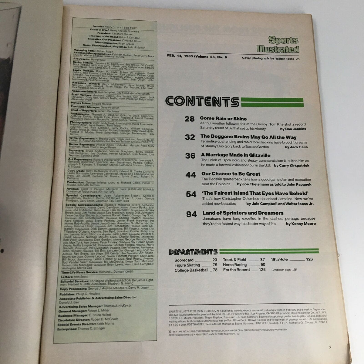 Interior page of Sports Illustrated Magazine February 14 1983 displaying the table of contents, featuring articles and departments including insights into sports and culture.