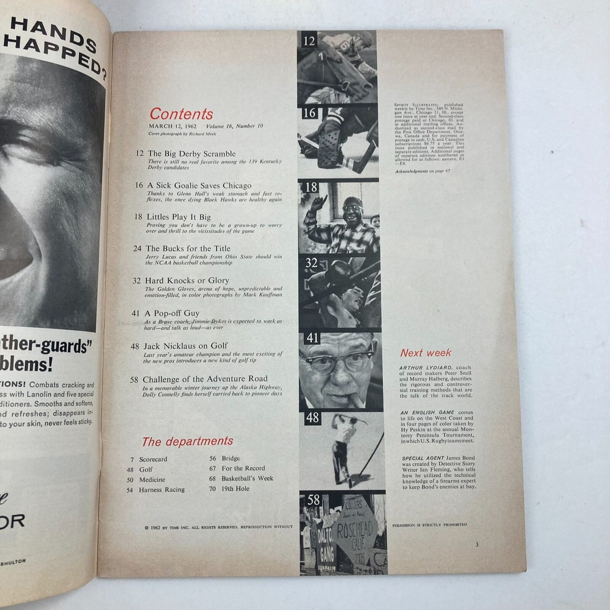 Contents page of Sports Illustrated Magazine from March 12, 1962, Volume 16, Number 10, outlining articles including Kentucky Derby coverage.