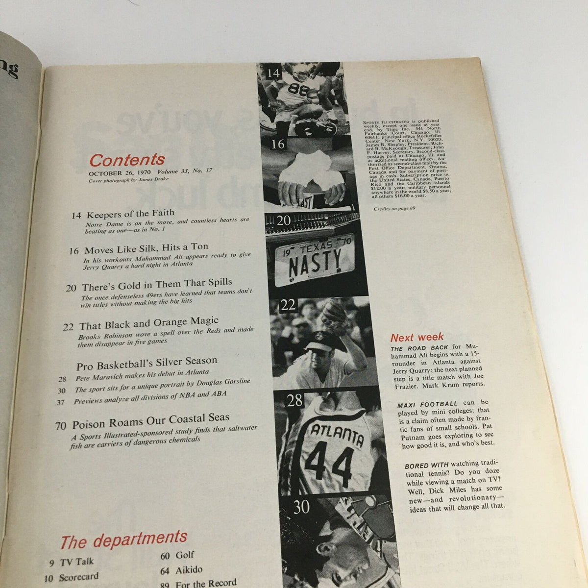 Contents page of Sports Illustrated Magazine dated October 26, 1970 featuring articles and photographs related to sports, including a mention of Oscar Robertson and Lew Alcindor, highlighting key topics such as college football, NBA dynamics, and more.