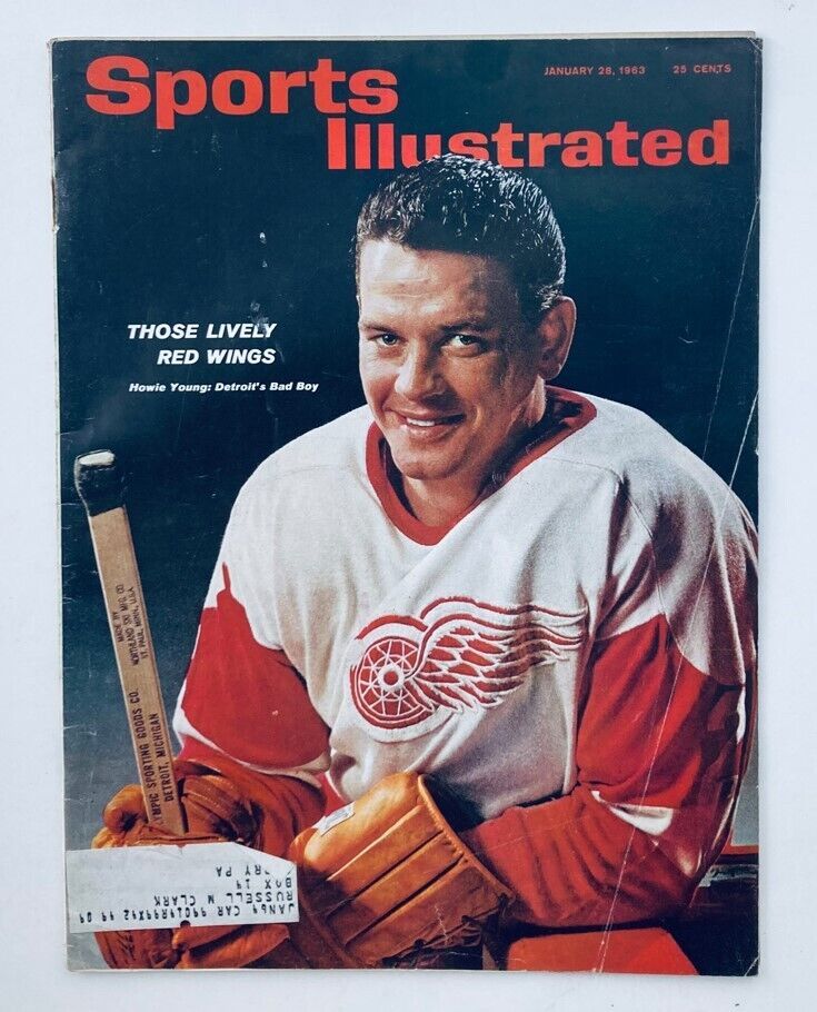 Cover of the VTG Sports Illustrated Magazine from January 28, 1963 featuring Howie Young, Detroit's Bad Boy, showcasing a striking image of Young in a hockey jersey with a stick, capturing a moment in sports history.