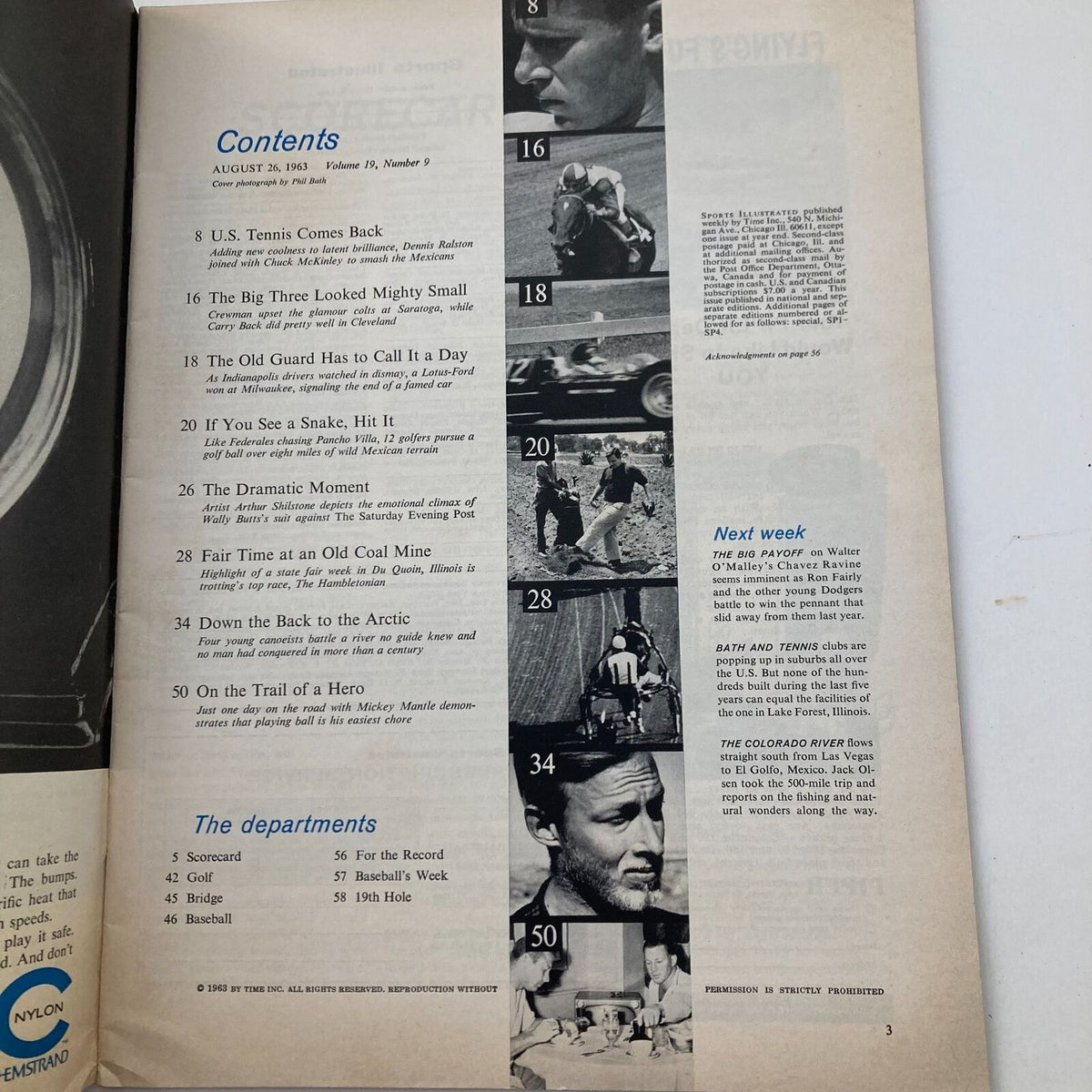 Contents page of VTG Sports Illustrated Magazine August 26 1963 Vol 19 No. 9 Dennis Ralston, featuring a list of articles and photographs related to sports, including U.S. Tennis, racing, and more.