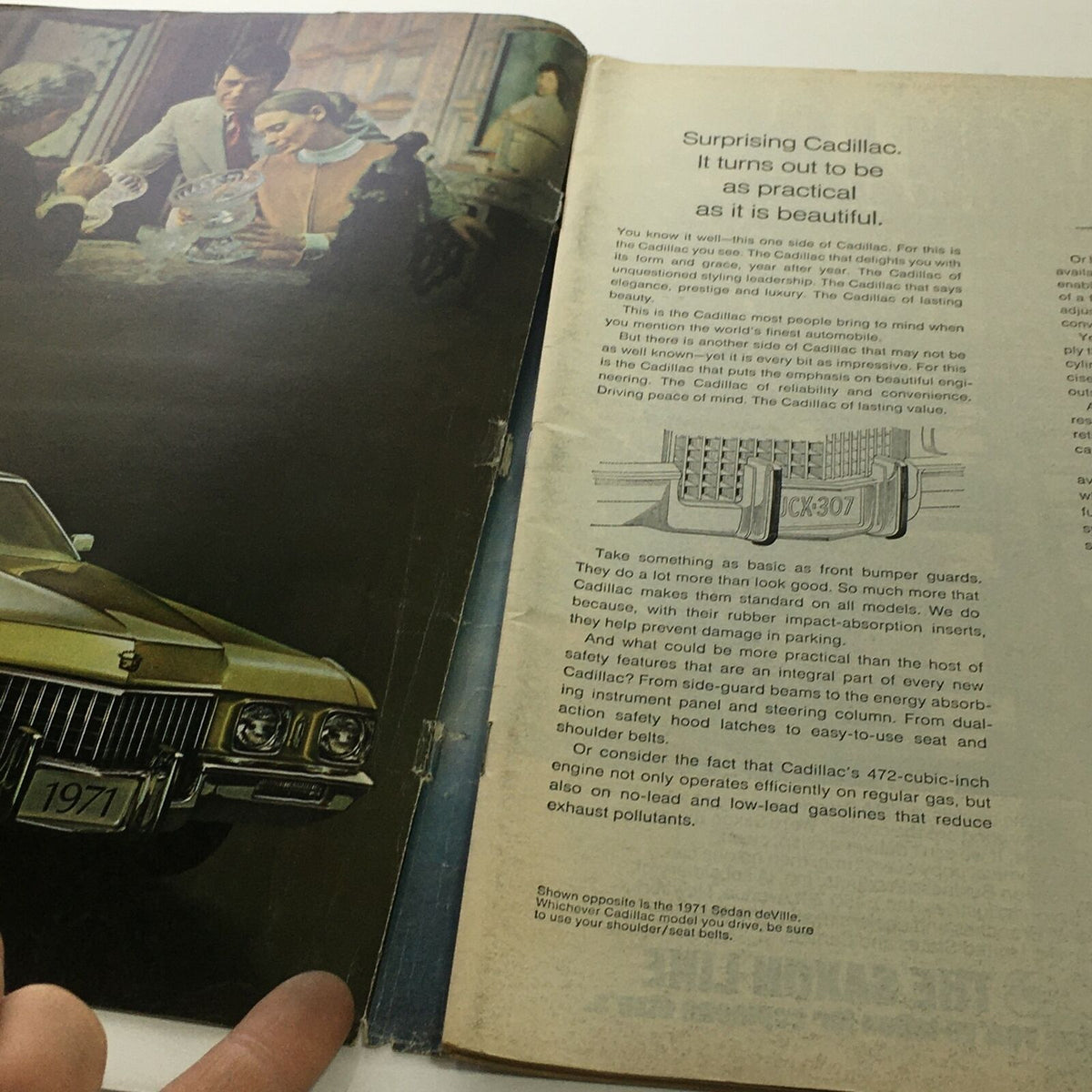 Inside page of a Sports Illustrated issue discussing a 1971 Cadillac, emphasizing its blend of practicality and beauty, with a detailed description of features and specifications.
