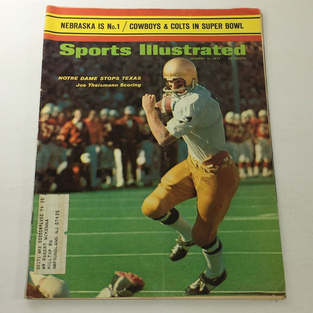 Sports Illustrated cover from January 11, 1971, featuring Joe Theismann scoring for Notre Dame against Texas. The cover highlights Nebraska's ranking and the Super Bowl matchup.