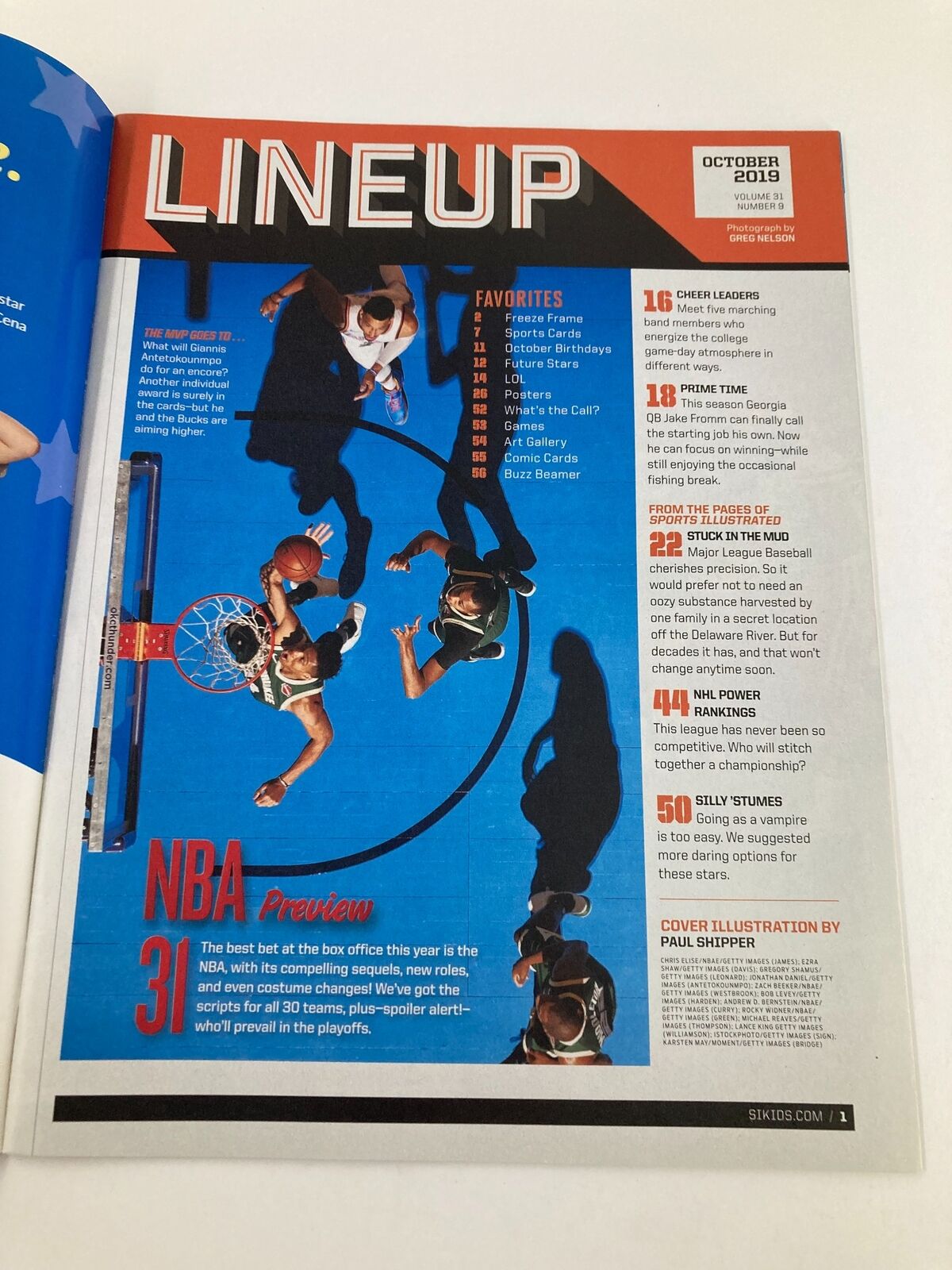 Sports Illustrated Kids Magazine October 2019 Vol 31 #9 featuring a vibrant illustration of an NBA lineup, showcasing various basketball players in action, representing the excitement of youth sports and the upcoming basketball season.