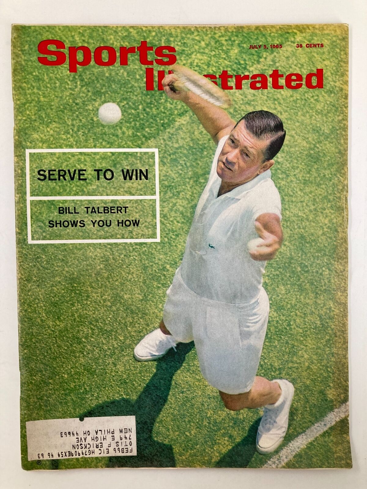 Vintage Sports Illustrated Magazine cover dated July 5, 1965 featuring Bill Talbert with instruction to 'Serve to Win'. This magazine showcases classic sports journalism and tennis insights with vibrant imagery, making it a collectible piece for sports enthusiasts.