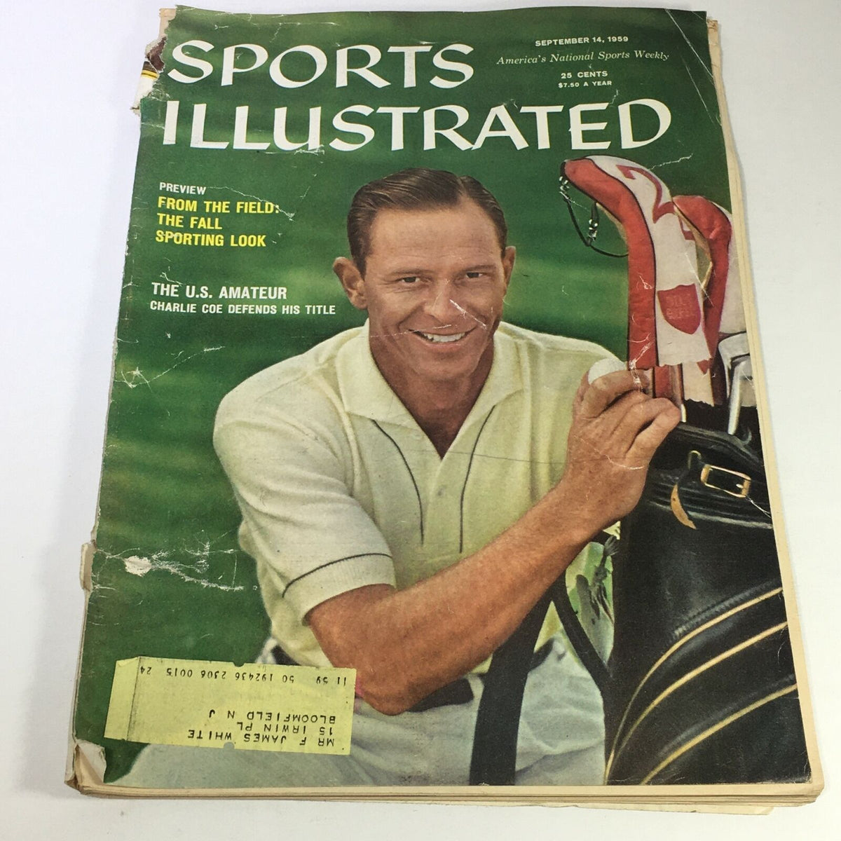 Vintage Sports Illustrated Magazine cover from September 14, 1959 featuring U.S. Amateur Charlie Coe, showcasing golf clubs and the historic theme of amateur golf.