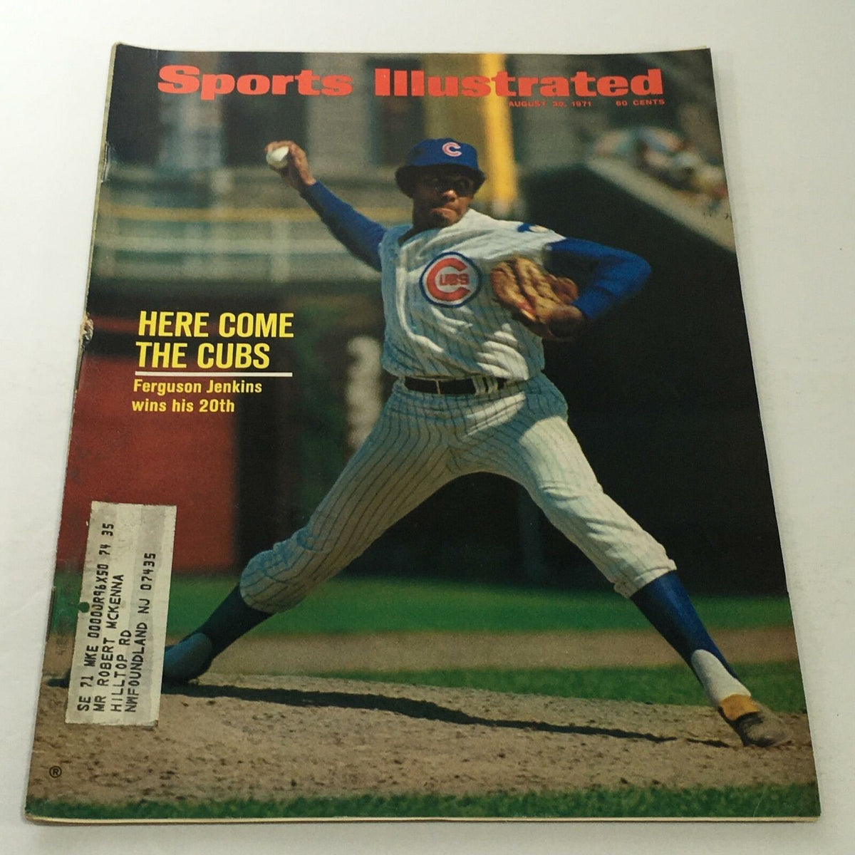 Sports Illustrated cover from August 30, 1971, featuring Ferguson Jenkins of the Chicago Cubs as he wins his 20th game, showcasing a dynamic pitching action shot.