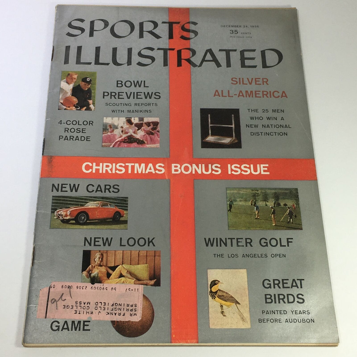 Vintage Sports Illustrated magazine cover from December 24, 1956 featuring highlights on Bowl Previews, Silver All-America selections, and Christmas Bonus Issue. Includes sections on new cars, winter golf, and great birds.