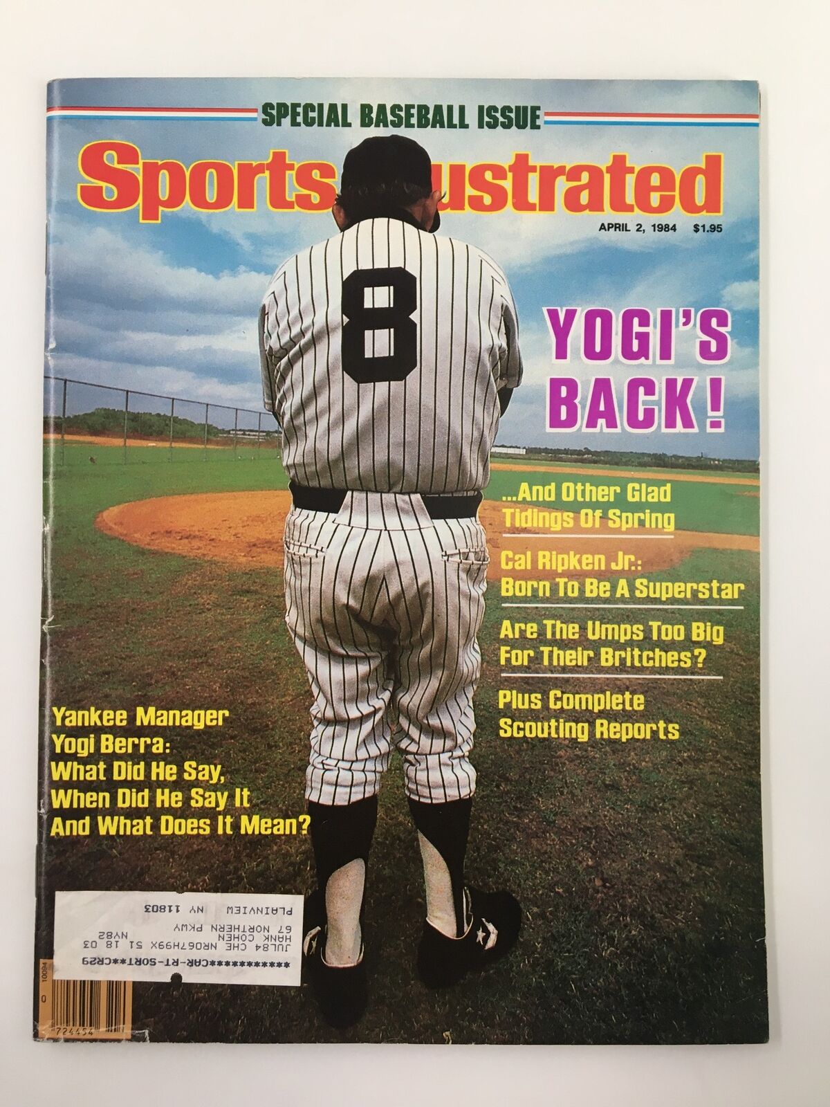 Sports Illustrated Magazine April 2 1984 cover featuring Yogi Berra in a New York Yankees uniform, with the headline 'Yogi's Back!' and a vibrant baseball backdrop.
