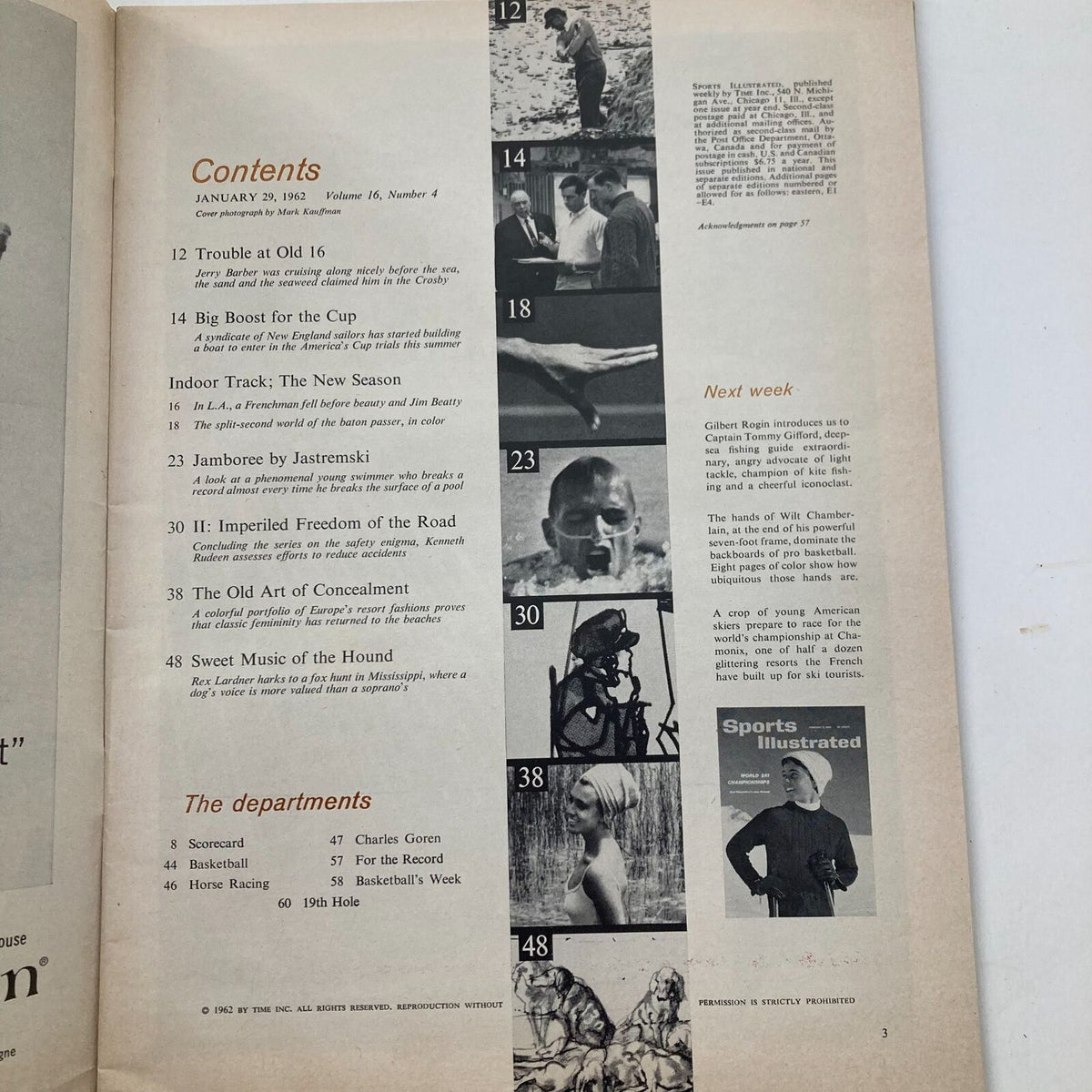 Contents page of the January 29, 1962 issue of Sports Illustrated Magazine, Volume 16, Number 4, detailing articles including features by Chet Jastremski.
