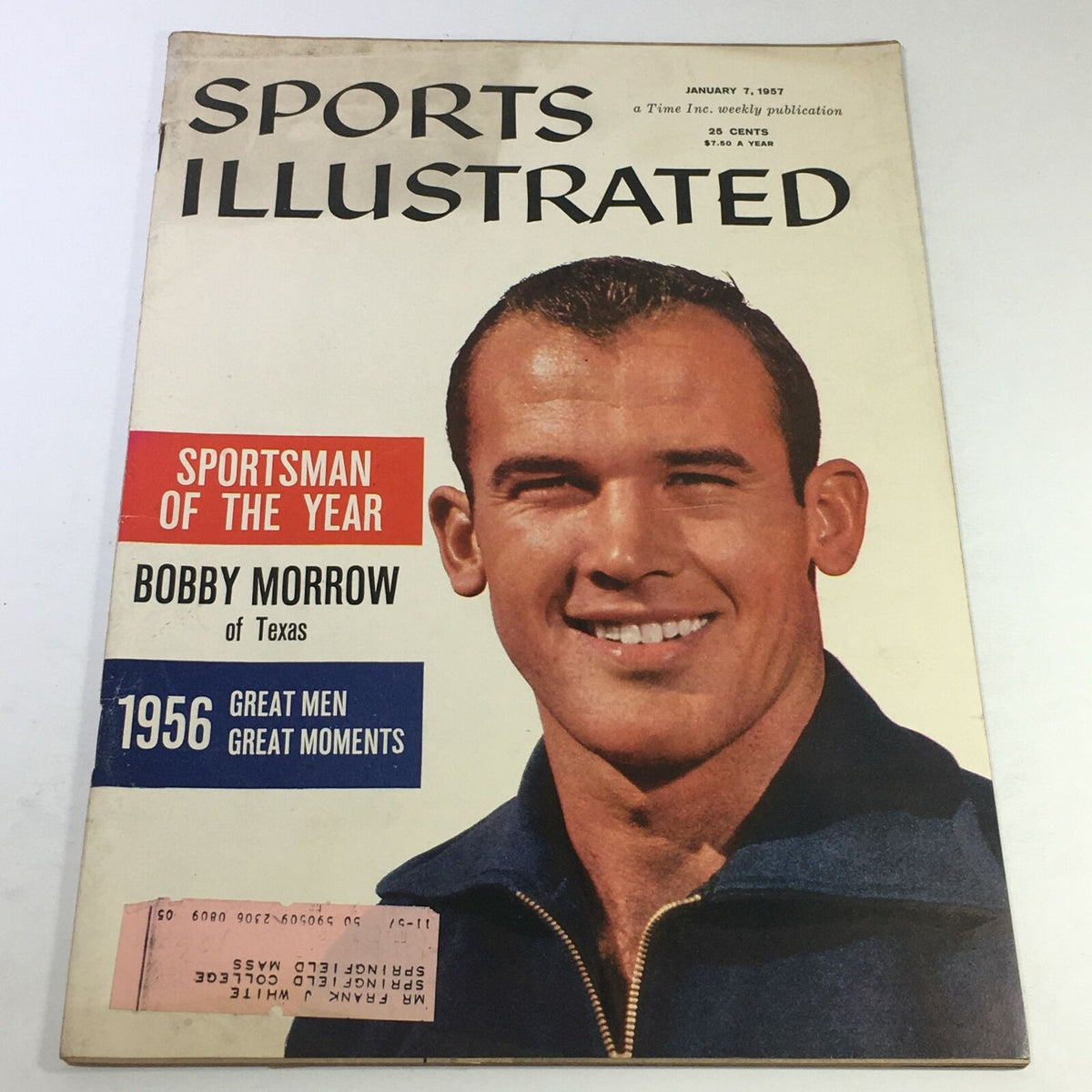 Cover of the vintage Sports Illustrated magazine from January 7, 1957, featuring Bobby Morrow, Sportsman of the Year from Texas. The magazine highlights Morrow's achievements with a bold title and showcases his smiling portrait.